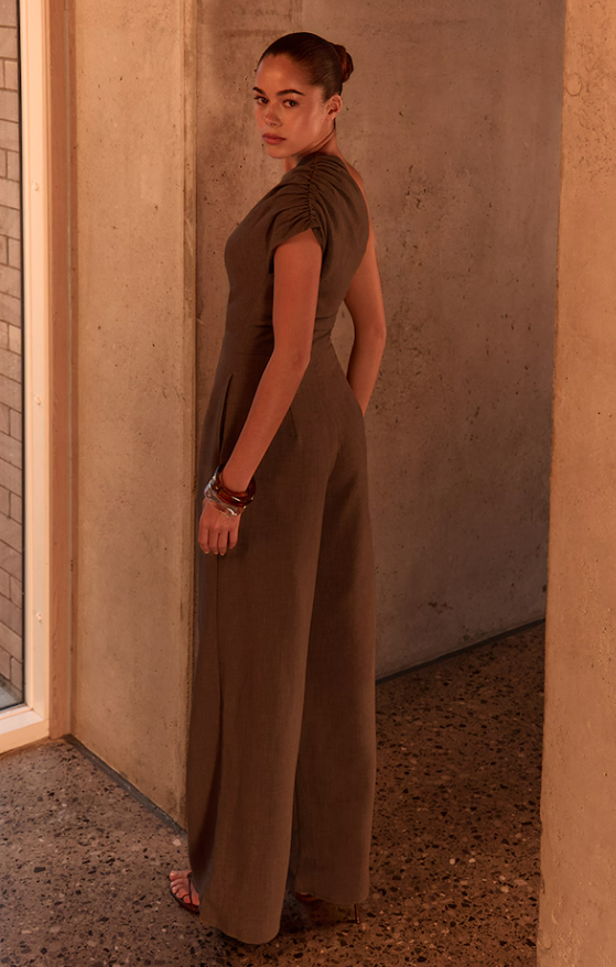 Belna Dark Taupe Asymmetric  Wide Leg Jumpsuit
