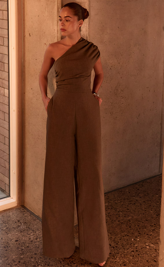 Belna Dark Taupe Asymmetric  Wide Leg Jumpsuit